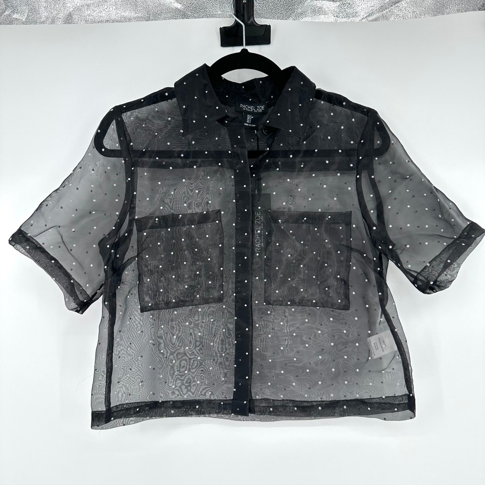 NEW Rachel Zoe Black Sheer Polka Dot Short Sleeve Button Up Boxy Top Boho S